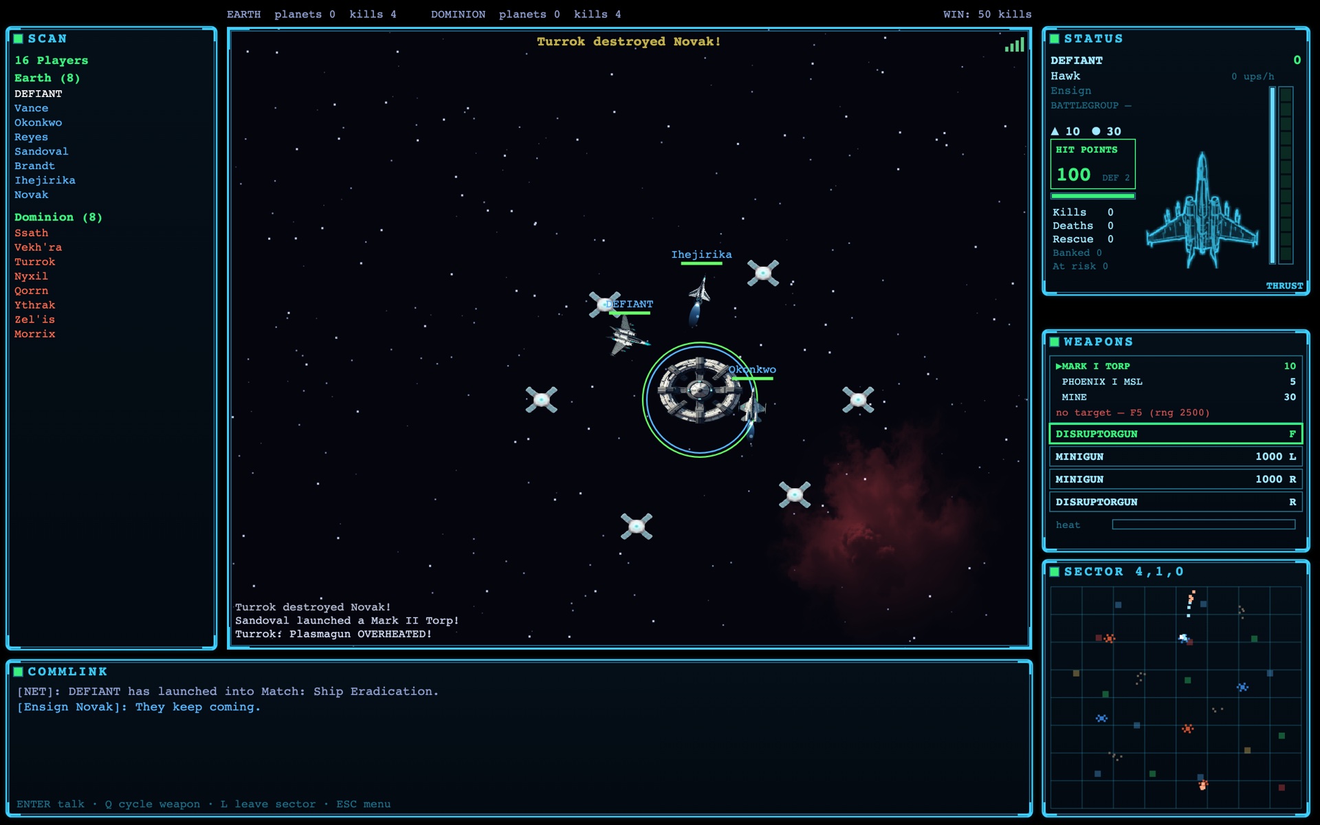 A sixteen-pilot battle in Dominion Earth: the scanner roster split between Earth and the Dominion, a kill banner, the weapons rack, a nebula and the sector map.