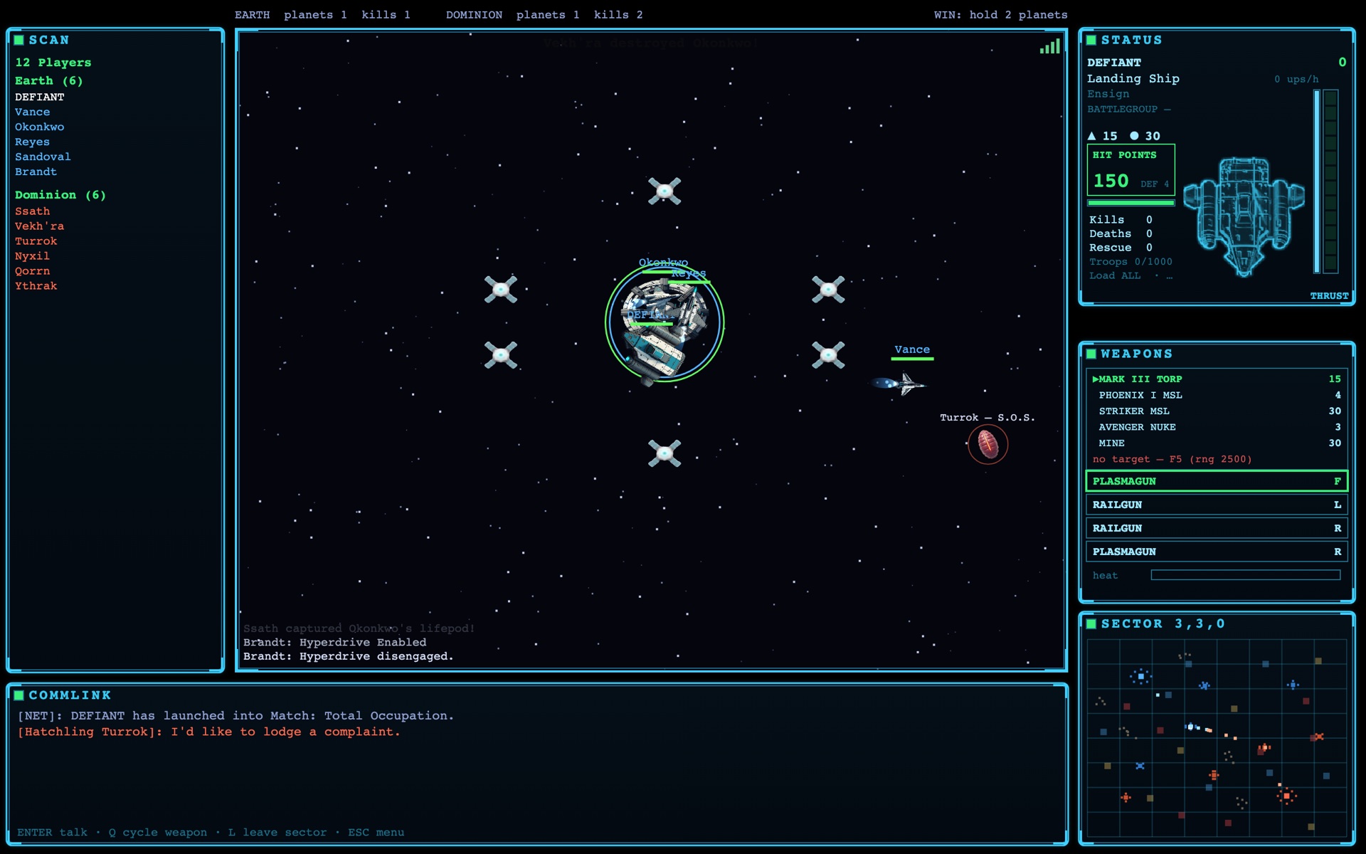A carrier over a contested planet during a Total Occupation match in Dominion Earth.