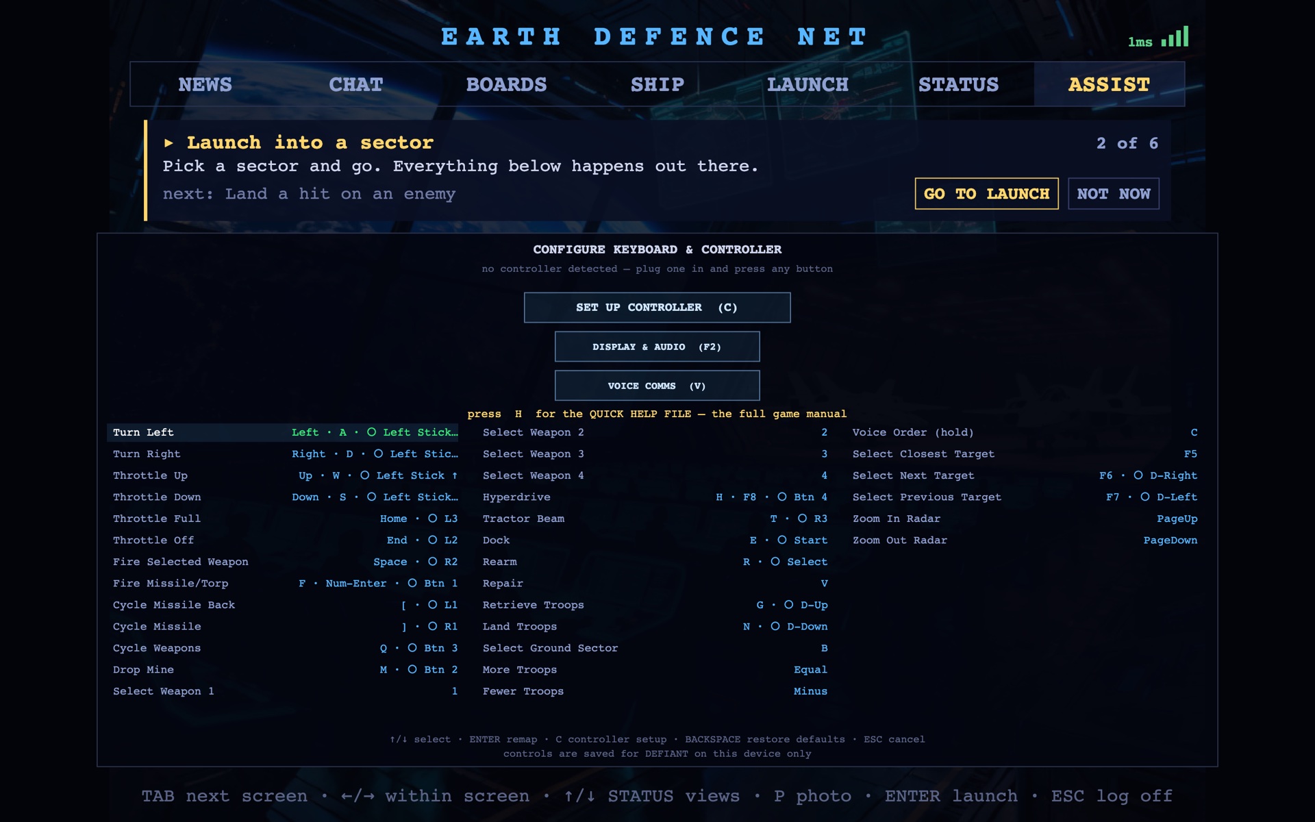 The Dominion Earth controls screen showing every command and its binding.