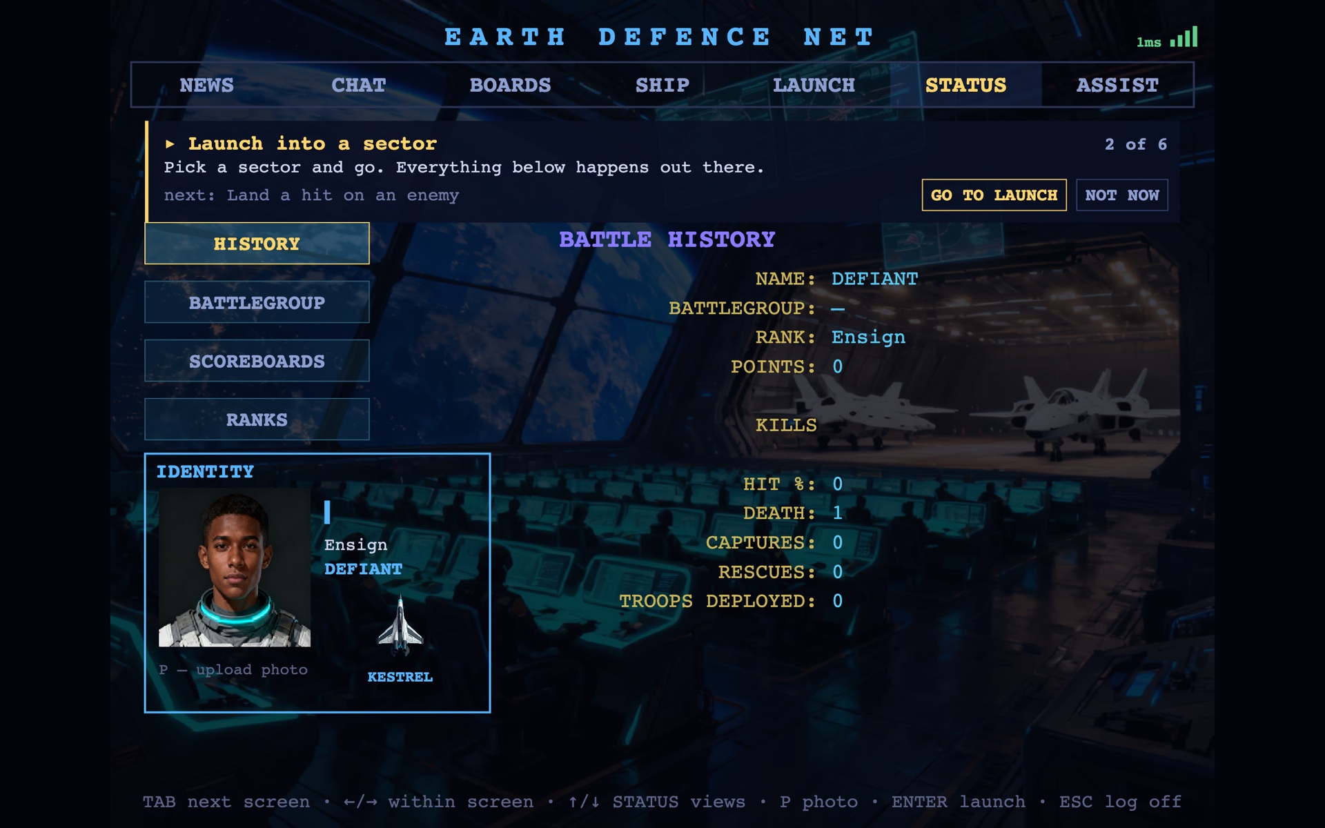 The Dominion Earth service record screen showing rank, points, kills by target type and hit percentage.